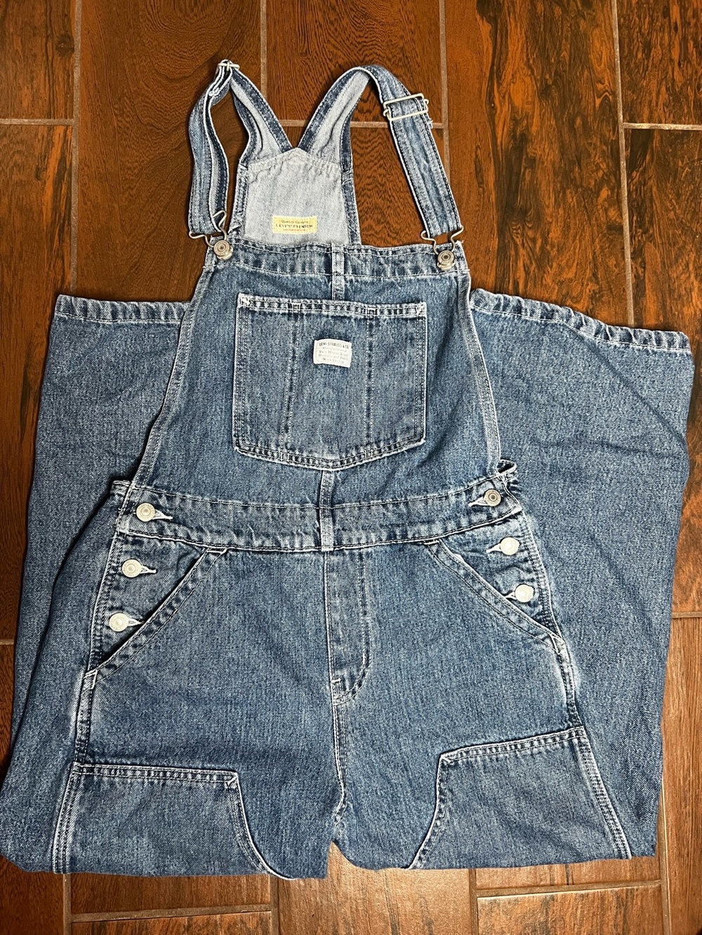 Levi’s Premium Utility Double Knee Wide Leg Dark Wash Denim Jean Overalls Medium - Picture 2 of 6
